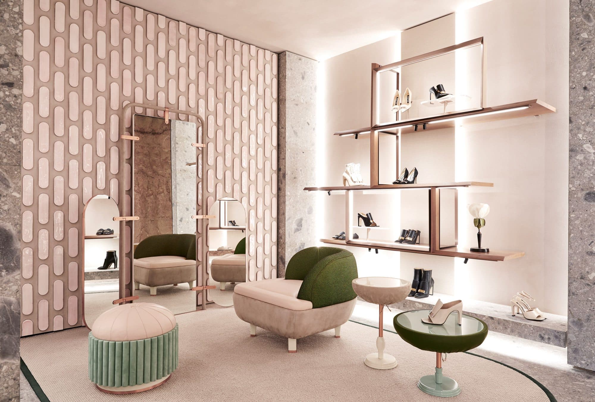 Boutique Sergio Rossi, revêtement Delizie Biscotto Fornace Brioni, Paris Milan
