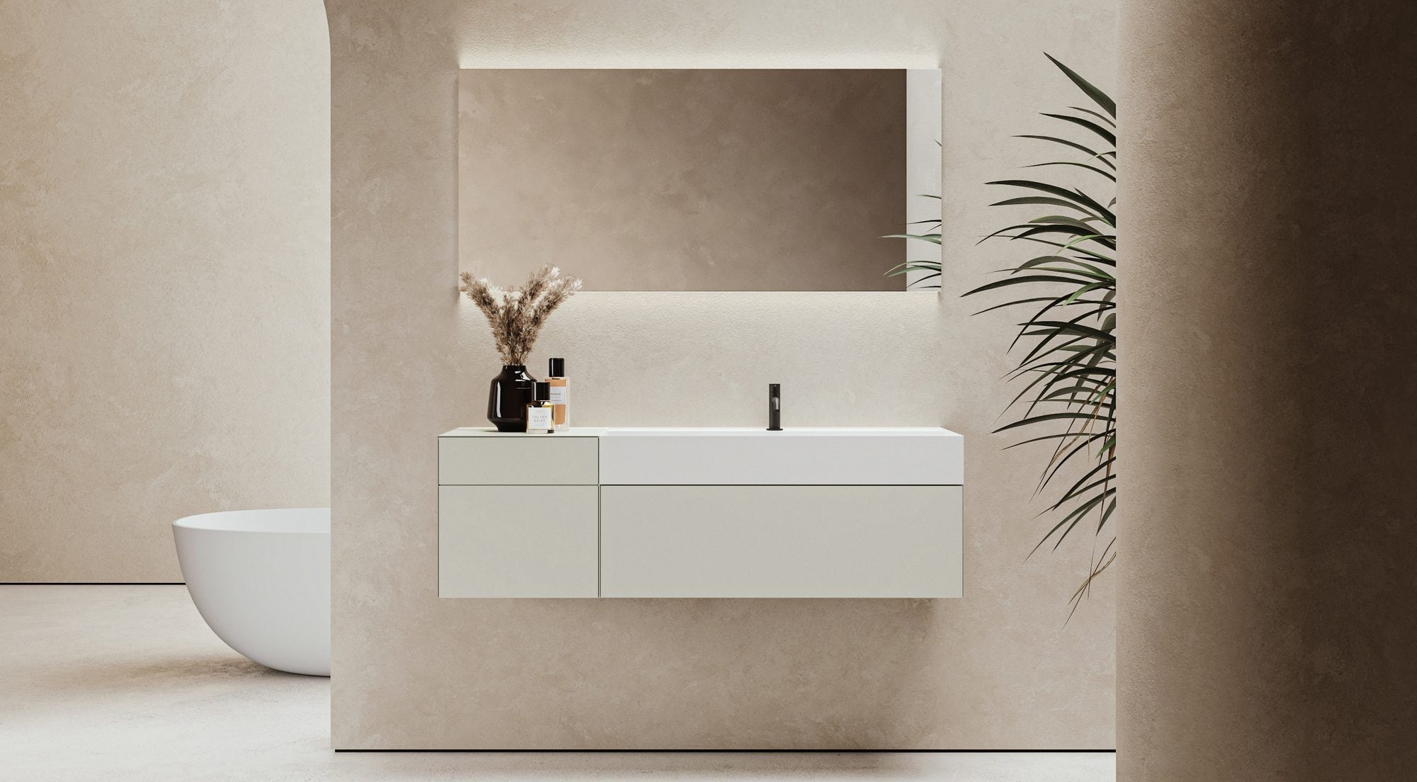Wall-hung vanity unit, backlit mirror and freestanding bathtub