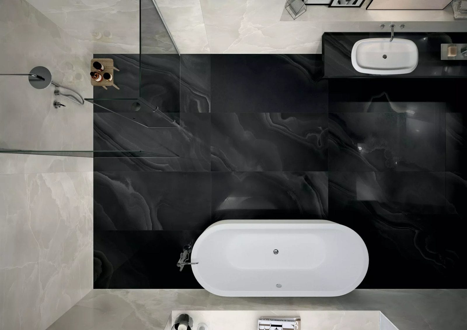 Eccentric Luxe Smoky Black, grès cérame effet marbre grand format, Florim